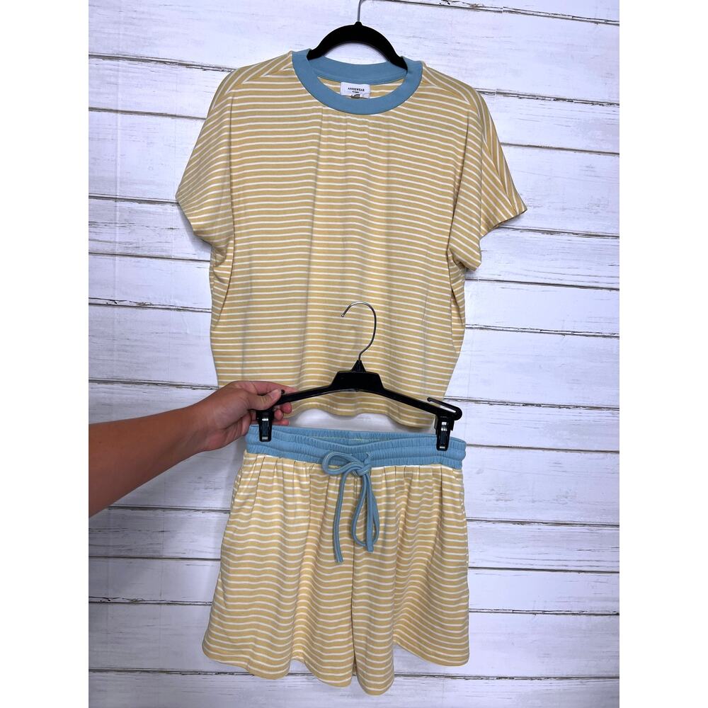 Anniewear Yellow White Stripe Lounge Small Blue Trim Pocket Shorts Matching Set - Picture 2 of 13